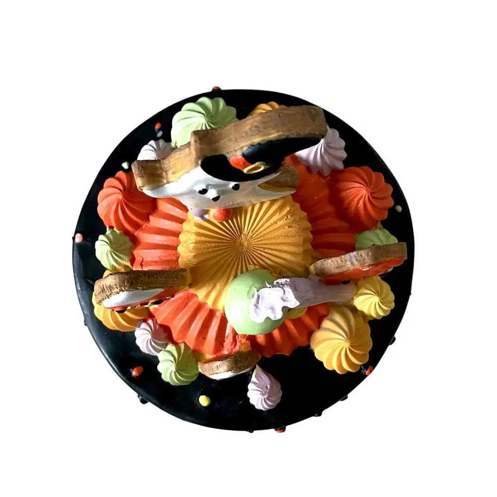 Ghoulish Halloween Candy Corn Ghost Cake Decor 13in Resin Black & Orange NEW